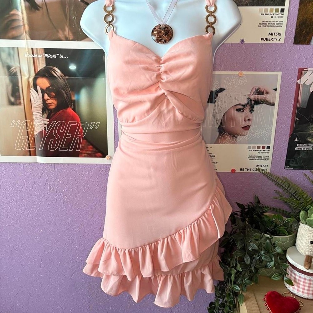 Pink Ruffle Gold Chain Sleeve Mini Dress